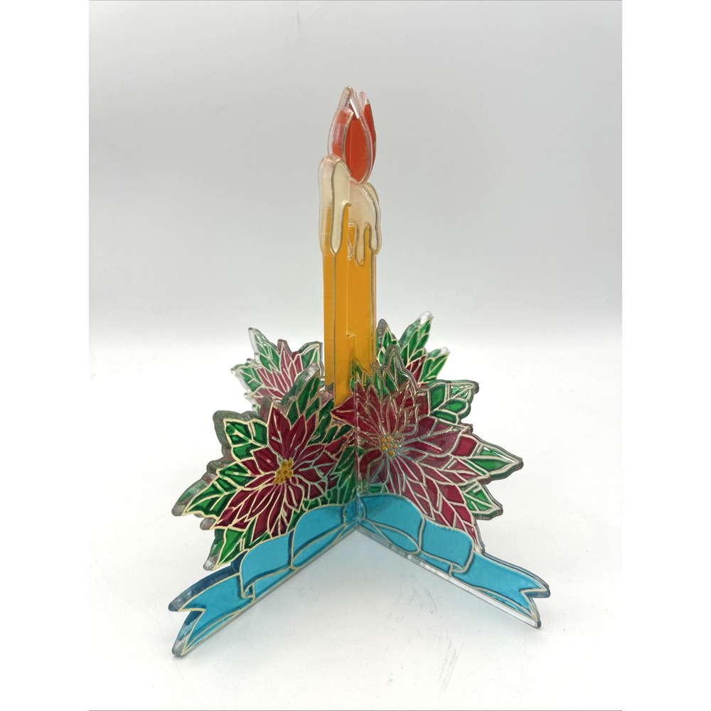 Vintage Christmas 3D Suncatcher Window Decor Candles Faux Stained Glass Candle